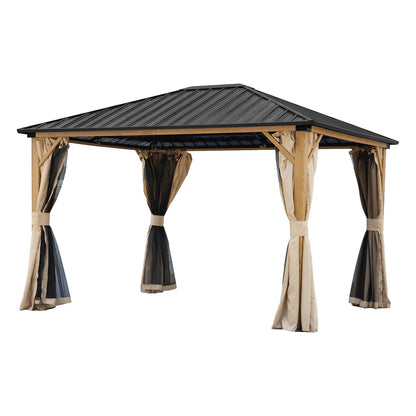 10'x12' Outdoor Hardtop Gazebo with Curtains and Mosquito Nettings, Wooden Finish Coated Aluminum Frame