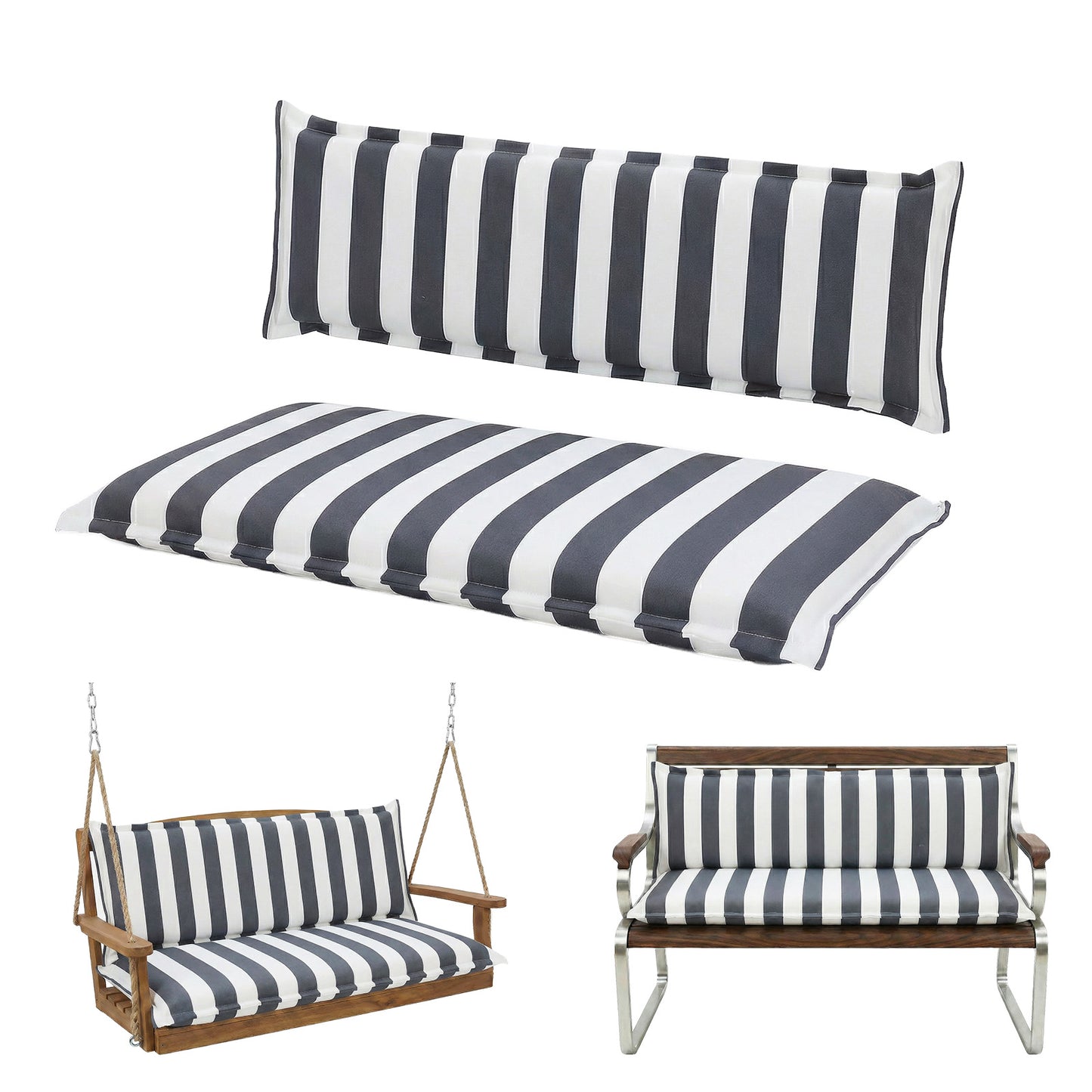 Outdoor 2-3 Seater Bench Cushion Set for Patio Swing and Bench, Grey Stripe