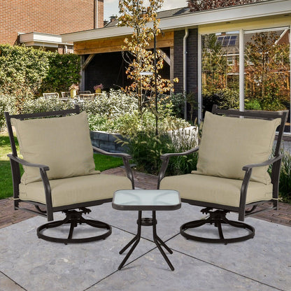 Outdoor Swivel Chair Set -  Two Chairs, One Glass Table, and Two Thick Cushions
