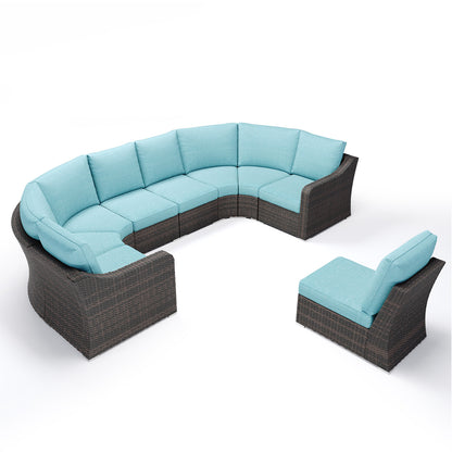 Versatile 9 Piece Half Moon Wicker Outdoor Sectional Set with Turquoise Cushions