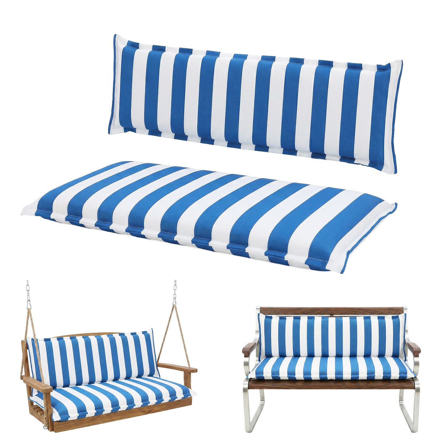 Outdoor 2-3 Seater Bench Cushion Set for Patio Swing and Bench, Blue Stripe