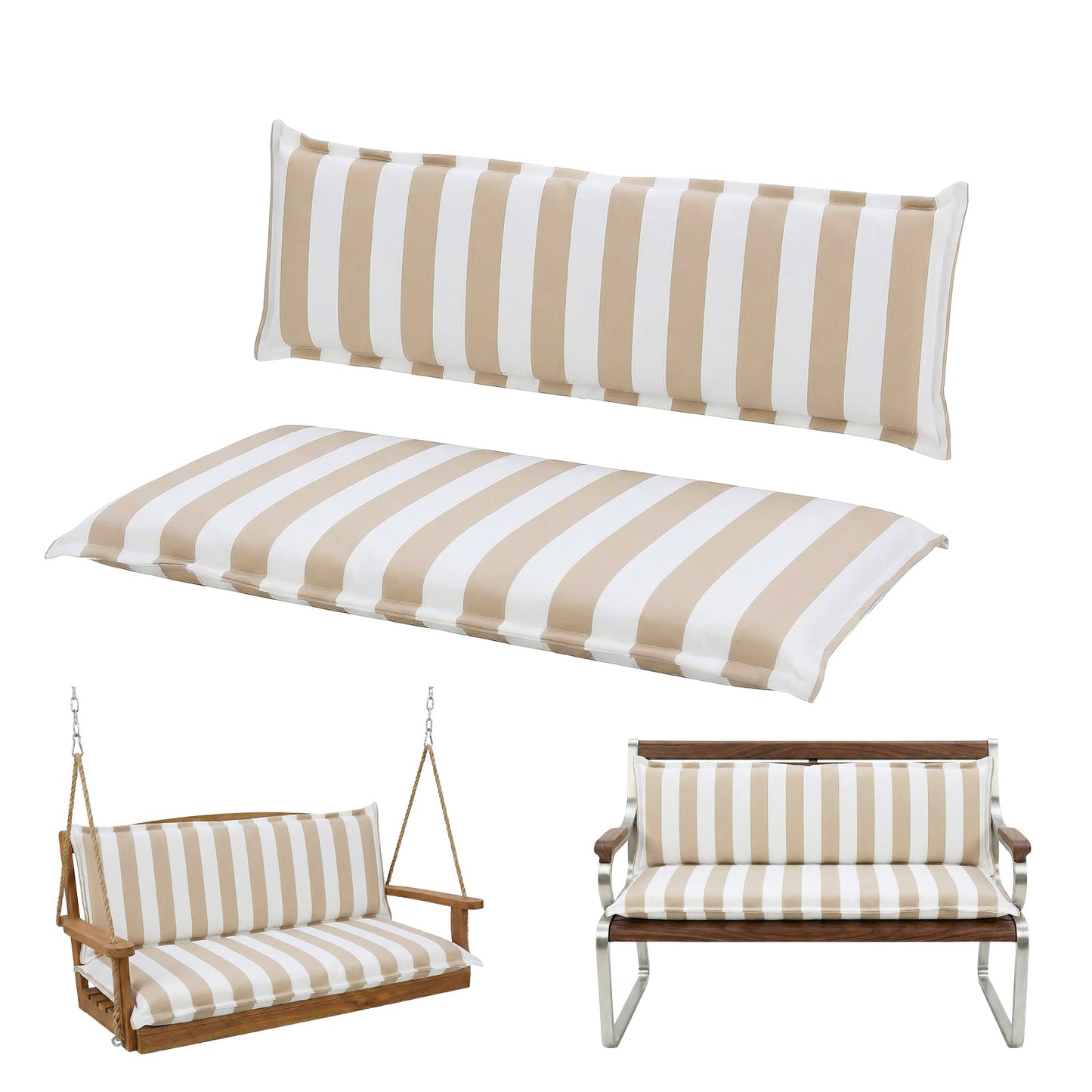 Outdoor 2-3 Seater Bench Cushion Set for Patio Swing and Bench, Beige Stripe
