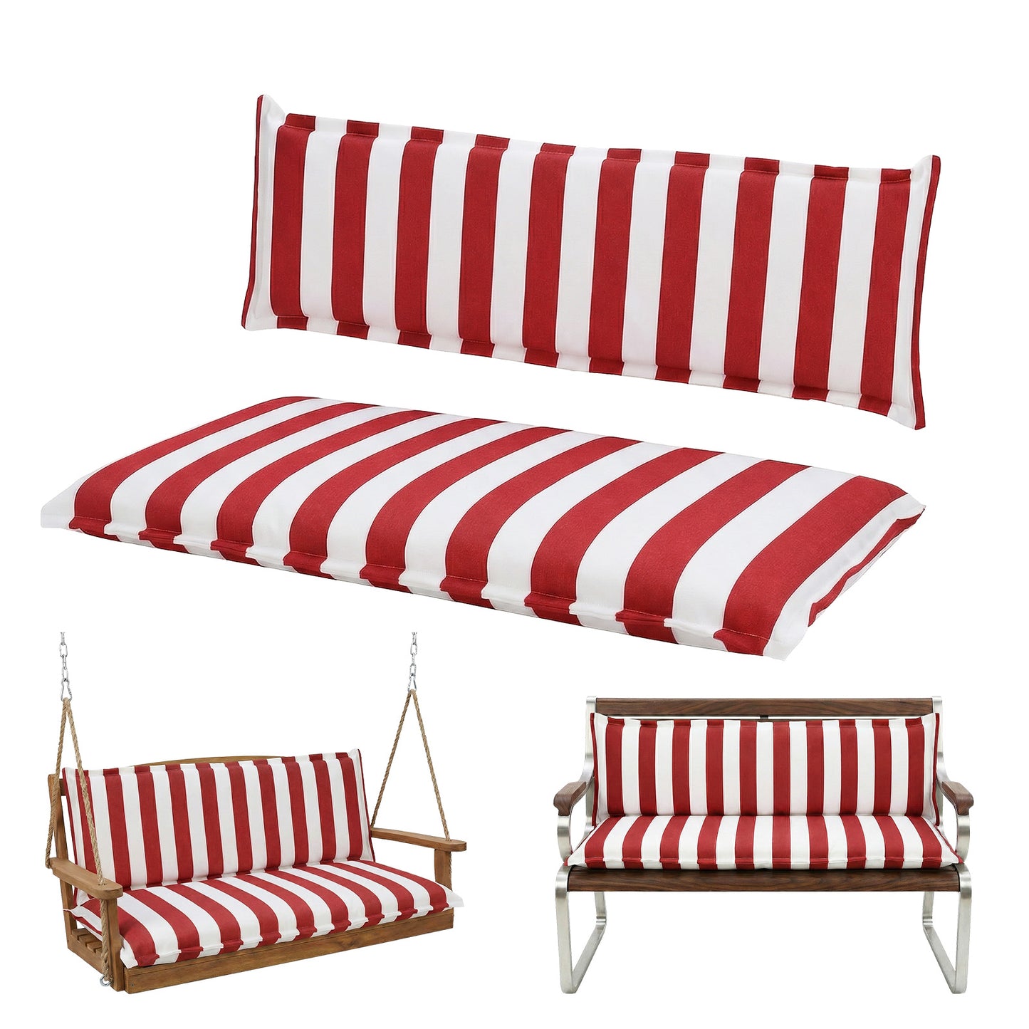 Outdoor 2-3 Seater Bench Cushion Set for Patio Swing and Bench, Red Stripe