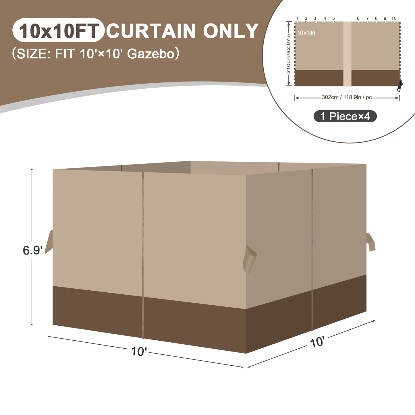 Outdoor Gazebo Curtains, 4 Panels Privacy Sidewall Replacement (Curtain Only) - Sand Yellow and Brown