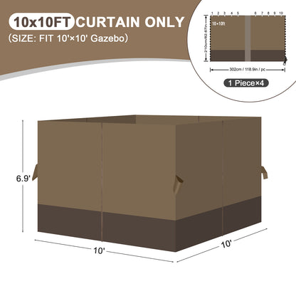 Outdoor Gazebo Curtains, 4 Panels Privacy Sidewall Replacement (Curtain Only) - Light Coffee and Coffee