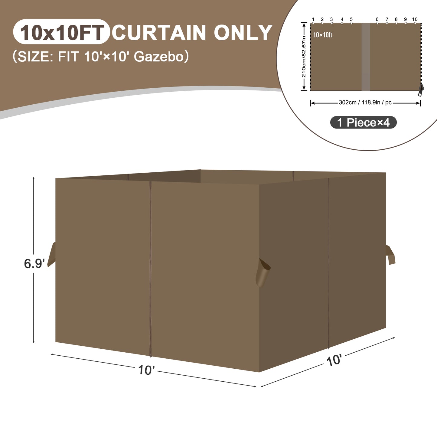 Outdoor Gazebo Curtains, 4 Panels Privacy Sidewall Replacement (Curtain Only) - Light Coffee