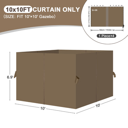Outdoor Gazebo Curtains, 4 Panels Privacy Sidewall Replacement (Curtain Only) - Light Coffee