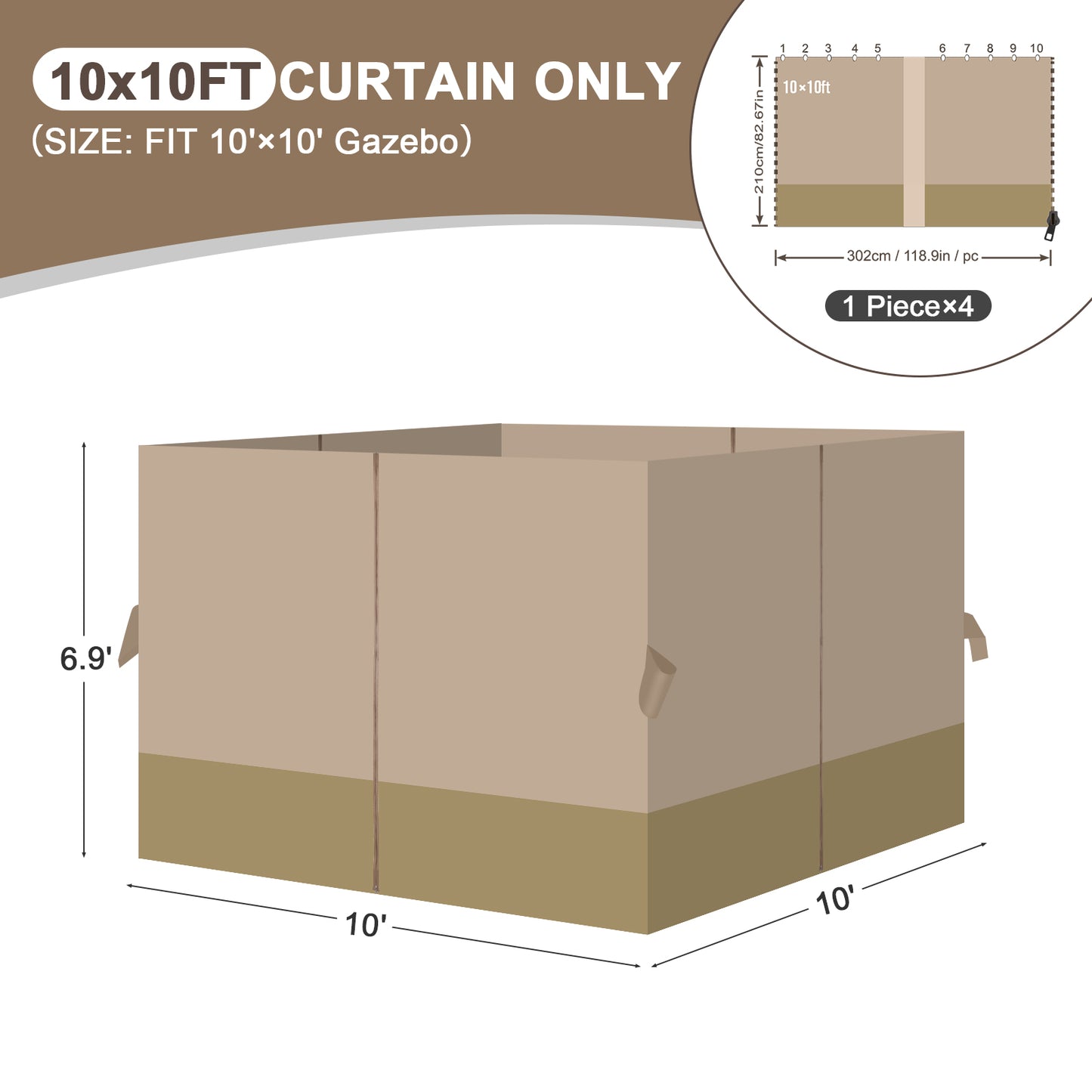 Outdoor Gazebo Curtains, 4 Panels Privacy Sidewall Replacement (Curtain Only) - Sand Yellow and Khaki
