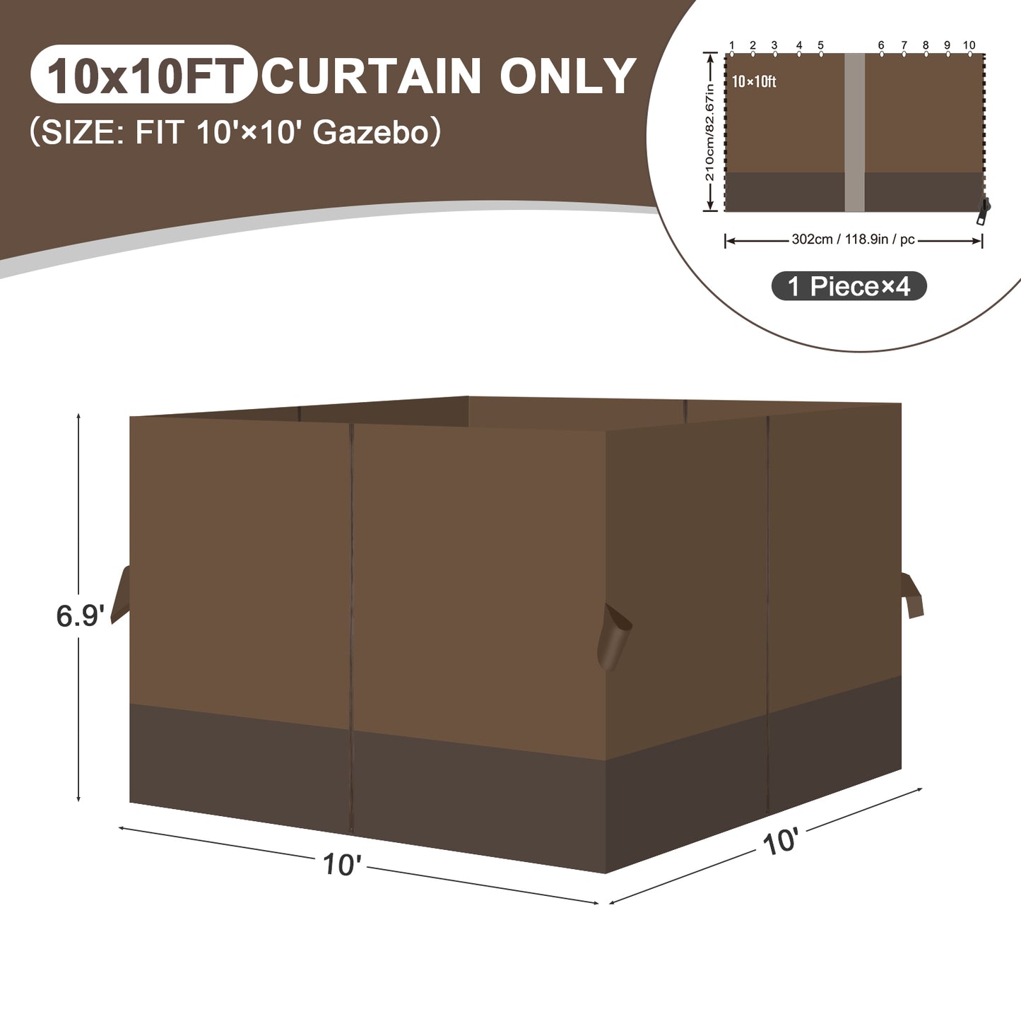 Outdoor Gazebo Curtains, 4 Panels Privacy Sidewall Replacement (Curtain Only) - Brown and Coffee