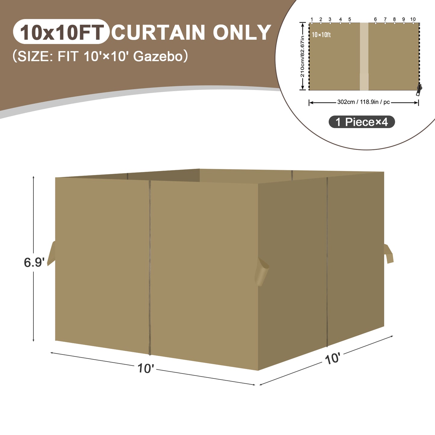 Outdoor Gazebo Curtains, 4 Panels Privacy Sidewall Replacement (Curtain Only) - Khaki
