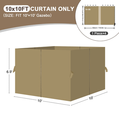 Outdoor Gazebo Curtains, 4 Panels Privacy Sidewall Replacement (Curtain Only) - Khaki