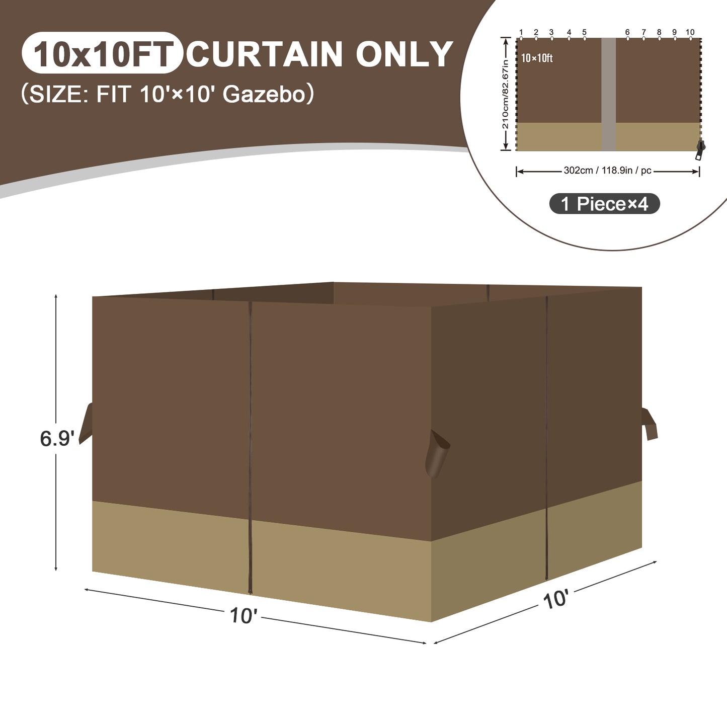 Outdoor Gazebo Curtains, 4 Panels Privacy Sidewall Replacement (Curtain Only) - Coffee and Khaki