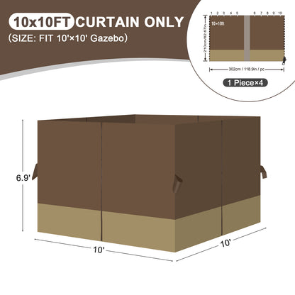 Outdoor Gazebo Curtains, 4 Panels Privacy Sidewall Replacement (Curtain Only) - Coffee and Khaki