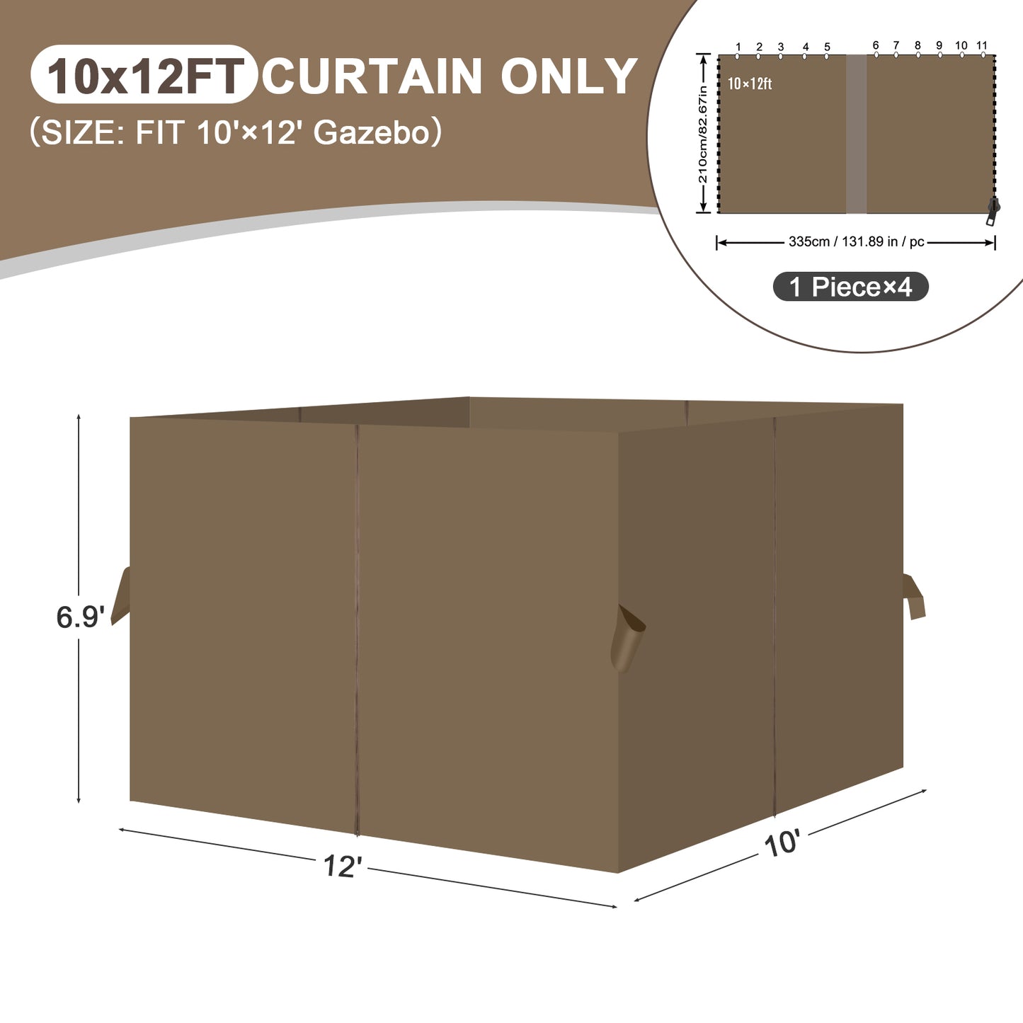 Outdoor Gazebo Curtains, 4 Panels Privacy Sidewall Replacement (Curtain Only) - Light Coffee