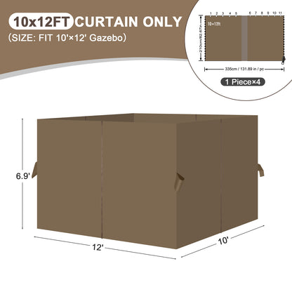 Outdoor Gazebo Curtains, 4 Panels Privacy Sidewall Replacement (Curtain Only) - Light Coffee