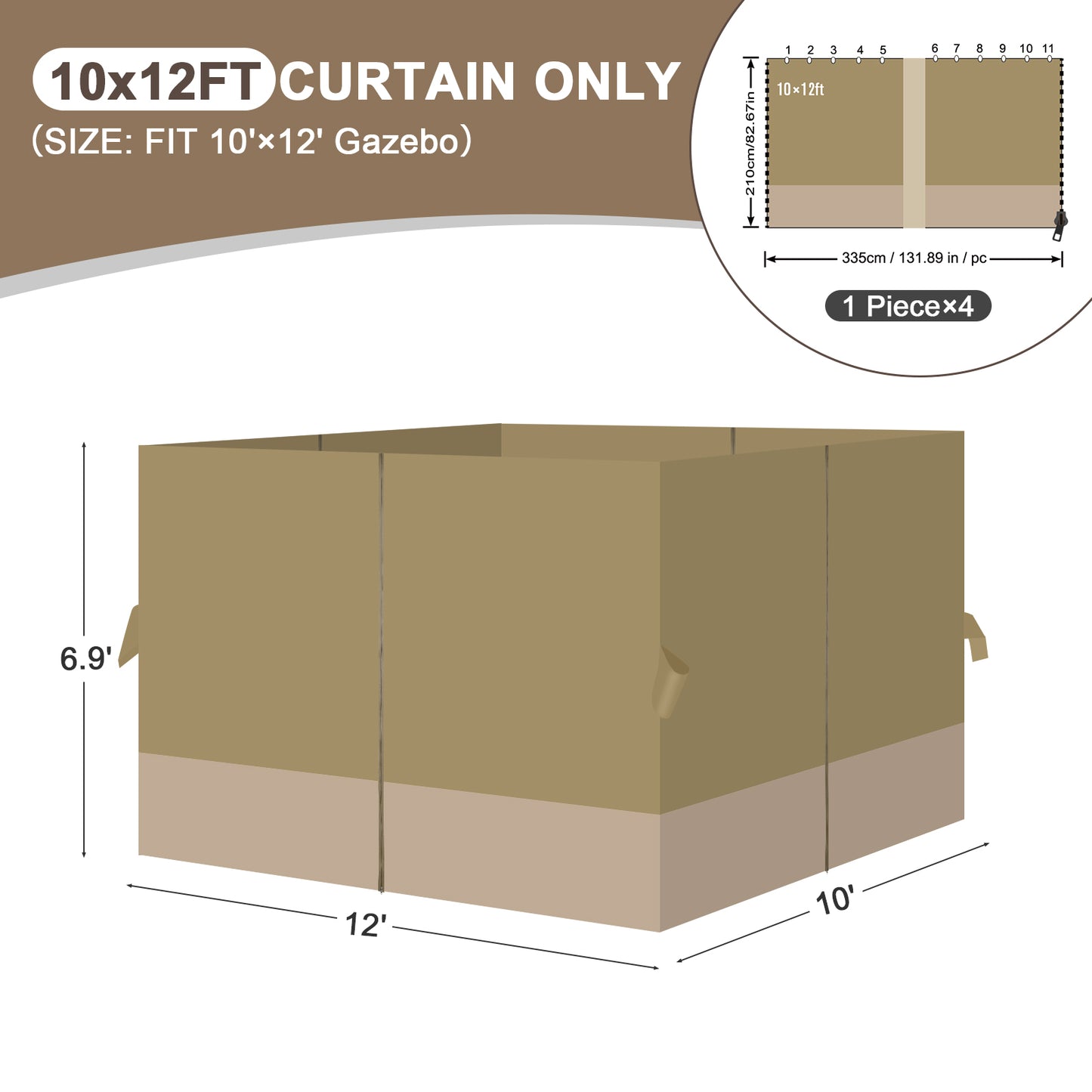 Outdoor Gazebo Curtains, 4 Panels Privacy Sidewall Replacement (Curtain Only) - Khaki and Sand Yellow