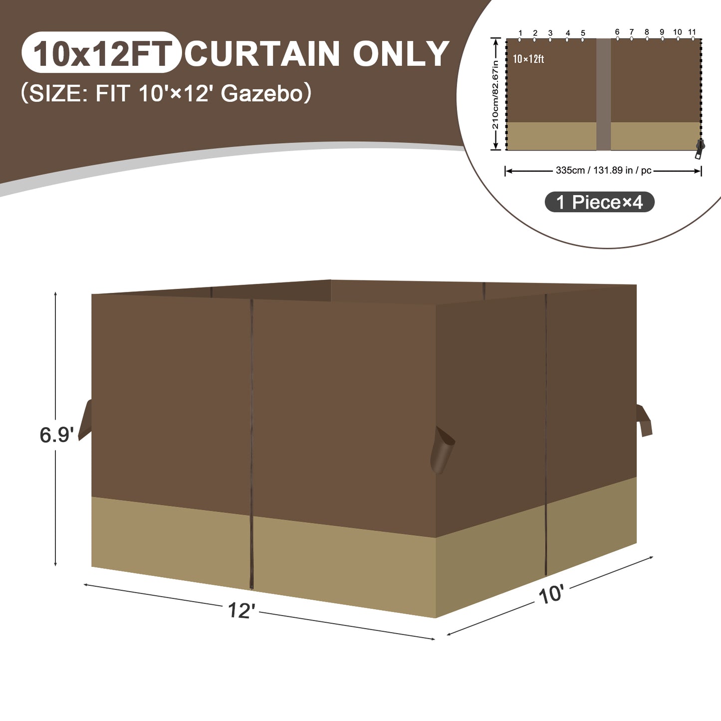 Outdoor Gazebo Curtains, 4 Panels Privacy Sidewall Replacement (Curtain Only) - Coffee and Khaki