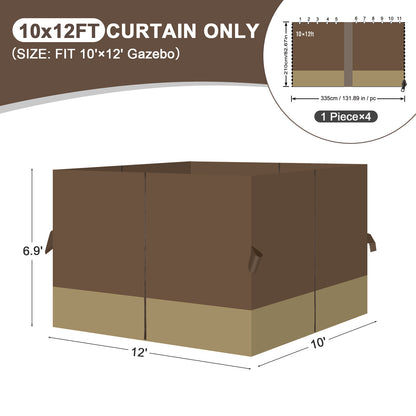 Outdoor Gazebo Curtains, 4 Panels Privacy Sidewall Replacement (Curtain Only) - Coffee and Khaki