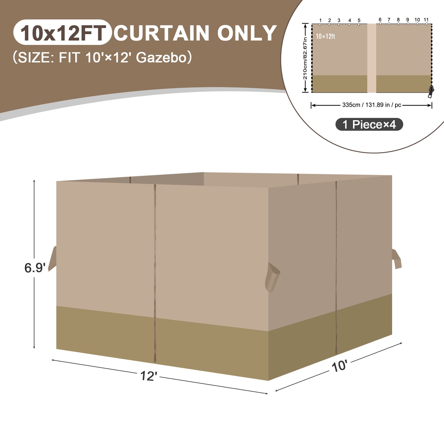 Outdoor Gazebo Curtains, 4 Panels Privacy Sidewall Replacement (Curtain Only) - Sand Yellow and Khaki