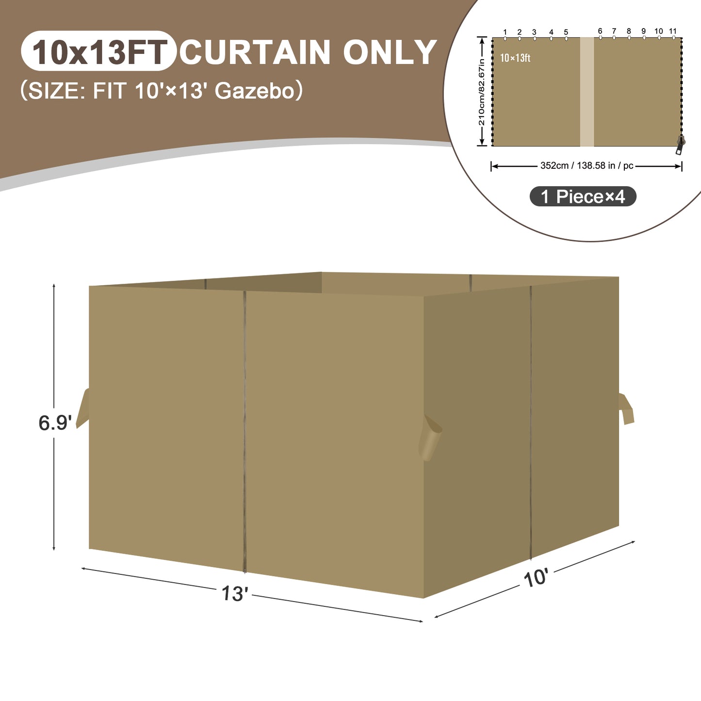 Outdoor Gazebo Curtains, 4 Panels Privacy Sidewall Replacement (Curtain Only) - Khaki