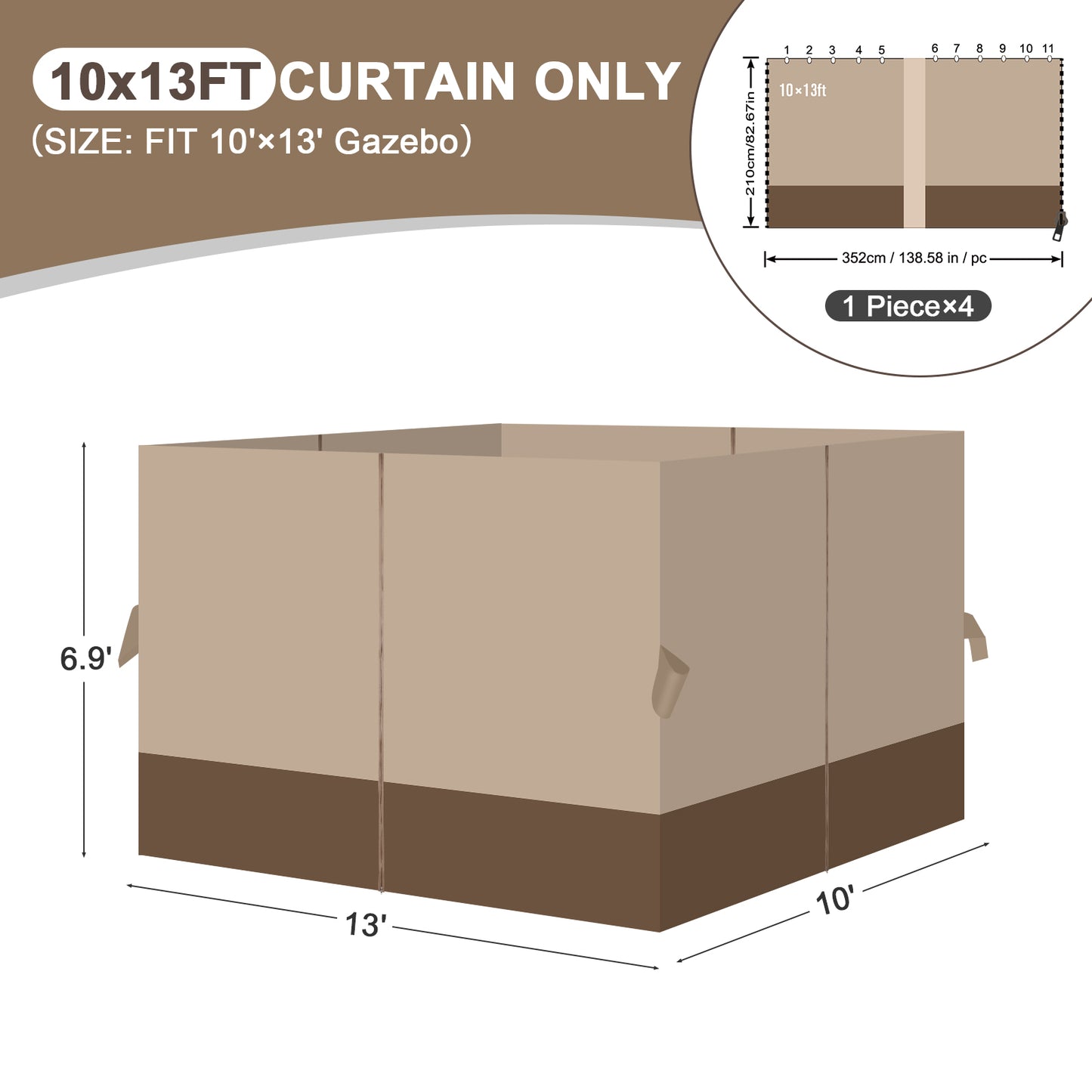 Outdoor Gazebo Curtains, 4 Panels Privacy Sidewall Replacement (Curtain Only) - Sand Yellow and Brown