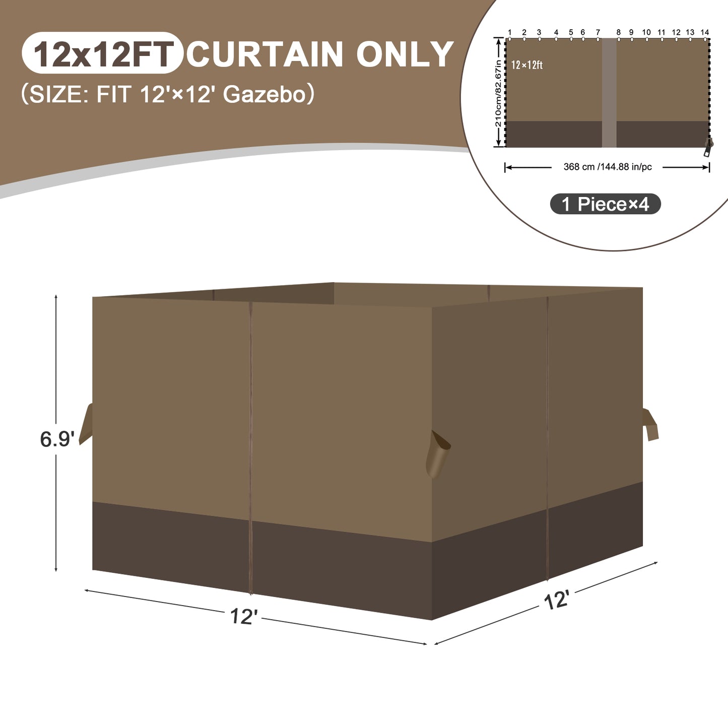 Outdoor Gazebo Curtains, 4 Panels Privacy Sidewall Replacement (Curtain Only) - Light Coffee and Coffee