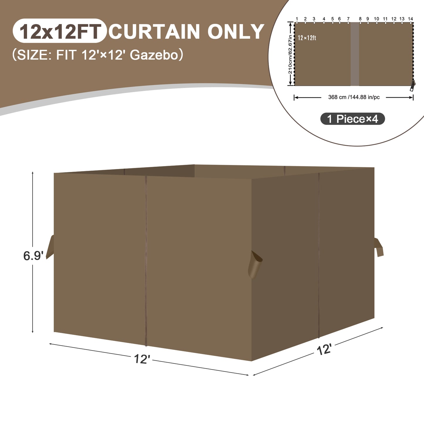 Outdoor Gazebo Curtains, 4 Panels Privacy Sidewall Replacement (Curtain Only) - Light Coffee