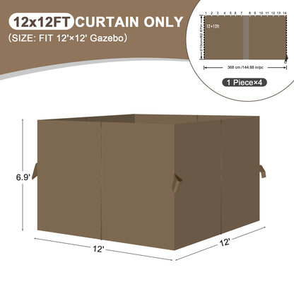 Outdoor Gazebo Curtains, 4 Panels Privacy Sidewall Replacement (Curtain Only) - Light Coffee