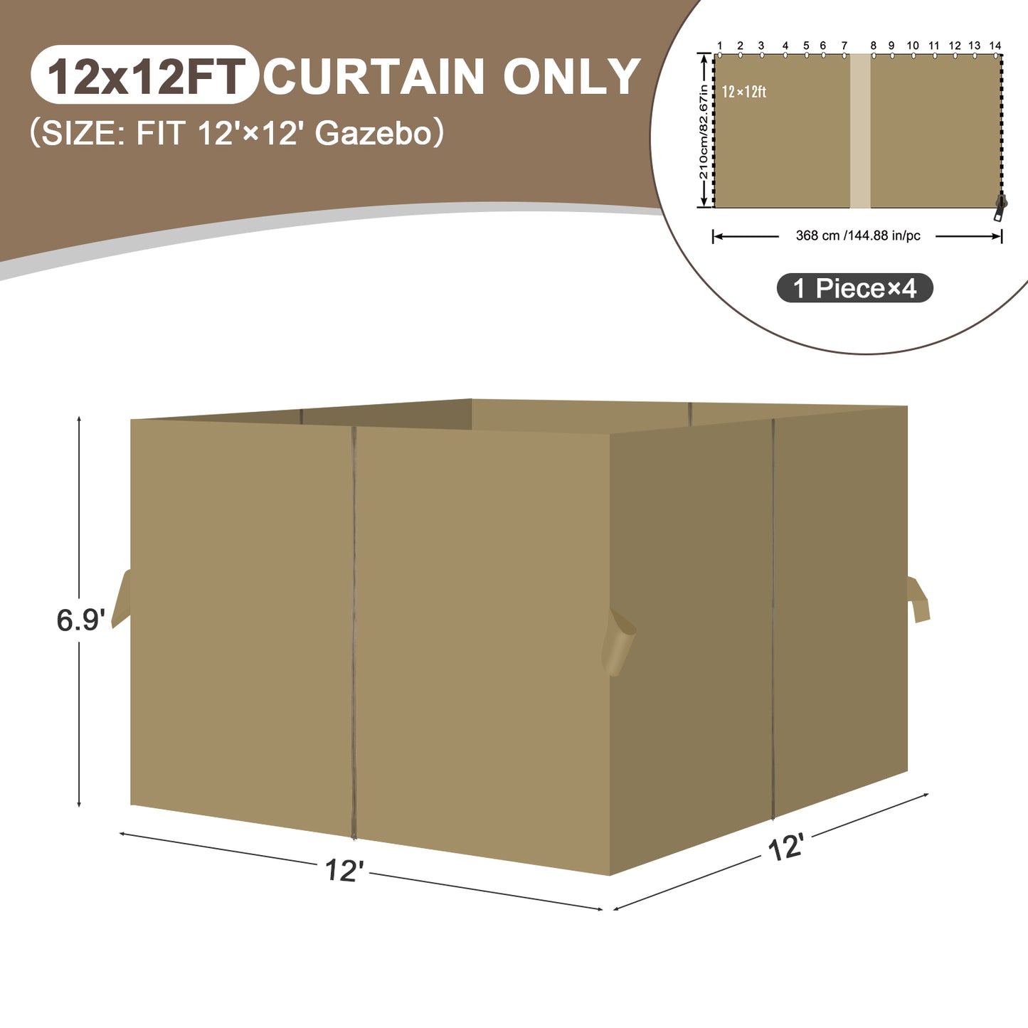 Outdoor Gazebo Curtains, 4 Panels Privacy Sidewall Replacement (Curtain Only) - Khaki