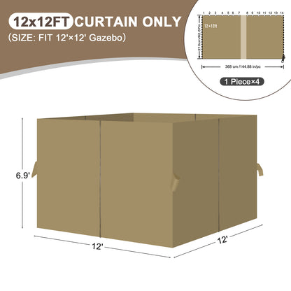 Outdoor Gazebo Curtains, 4 Panels Privacy Sidewall Replacement (Curtain Only) - Khaki