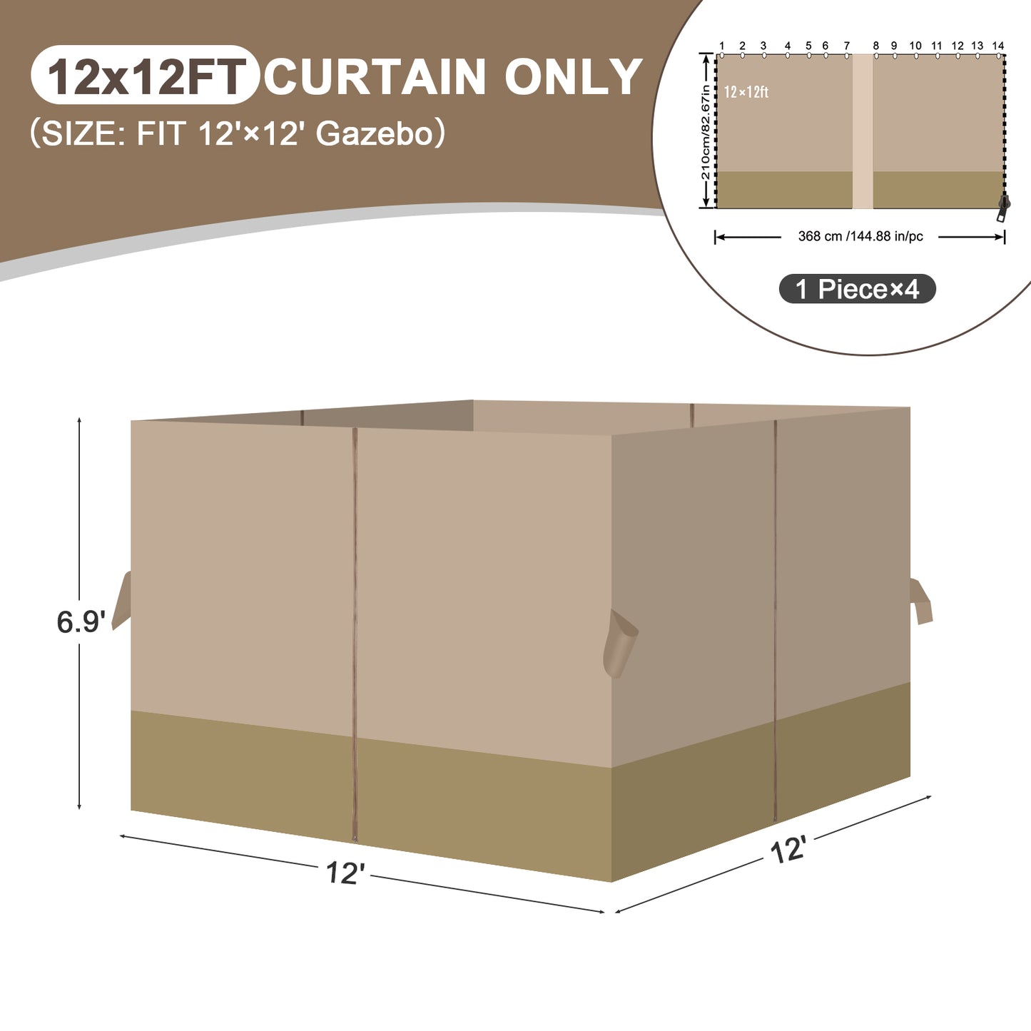 Outdoor Gazebo Curtains, 4 Panels Privacy Sidewall Replacement (Curtain Only) - Sand Yellow and Khaki