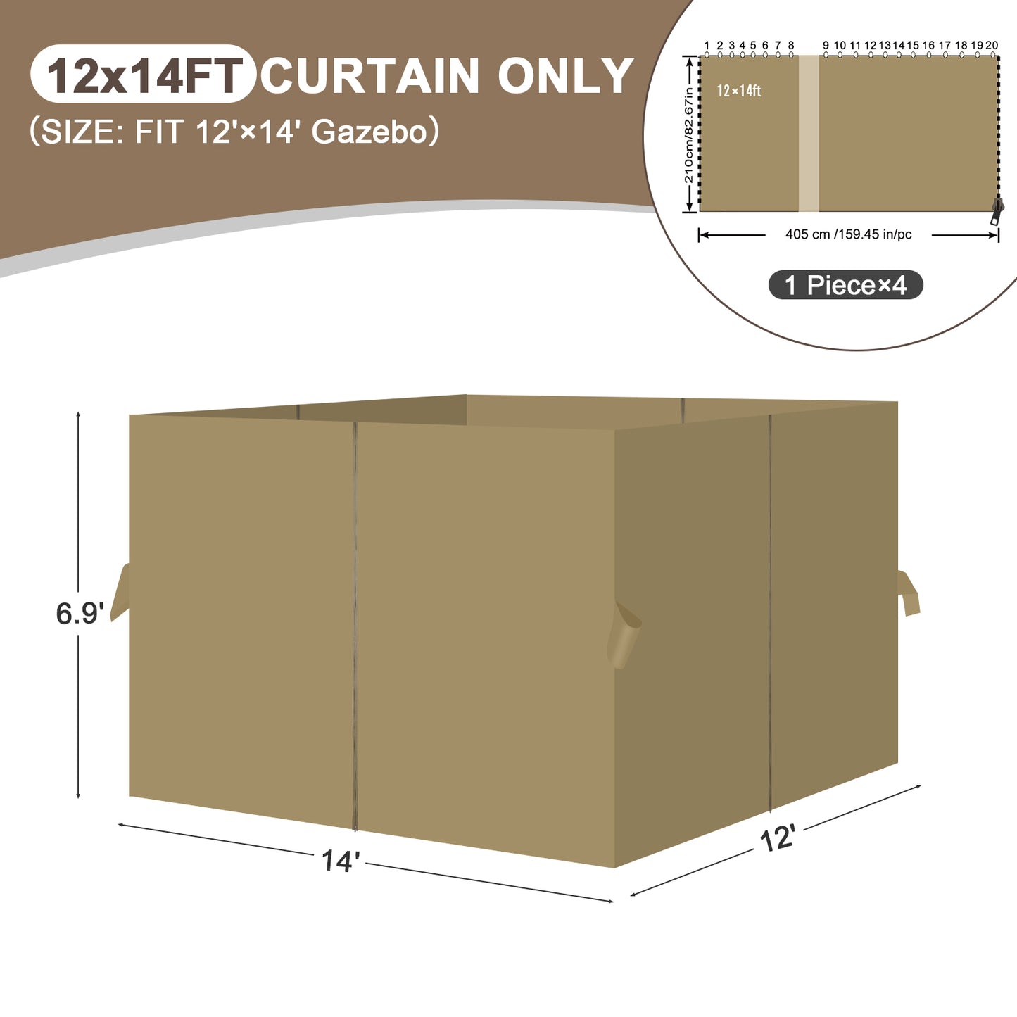 Outdoor Gazebo Curtains, 4 Panels Privacy Sidewall Replacement (Curtain Only) - Khaki