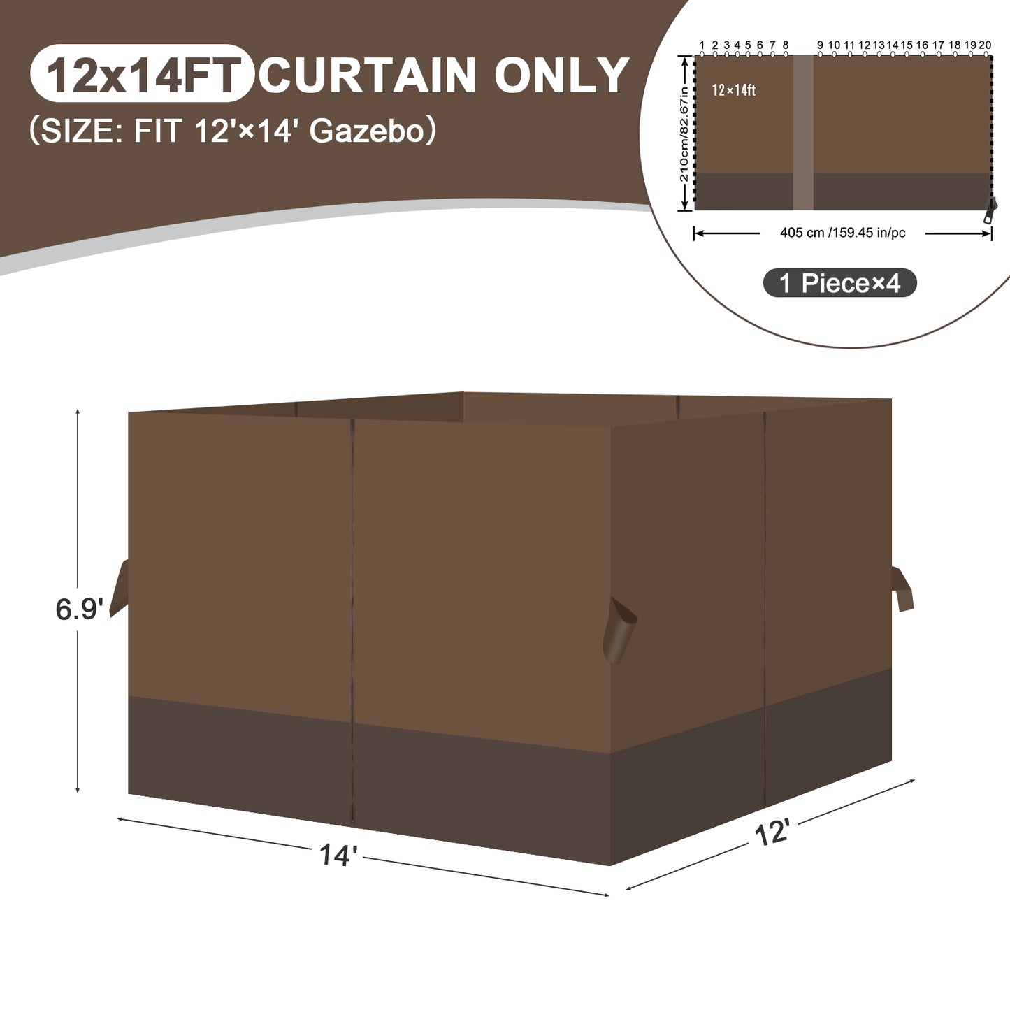 Outdoor Gazebo Curtains, 4 Panels Privacy Sidewall Replacement (Curtain Only) - Brown and Coffee