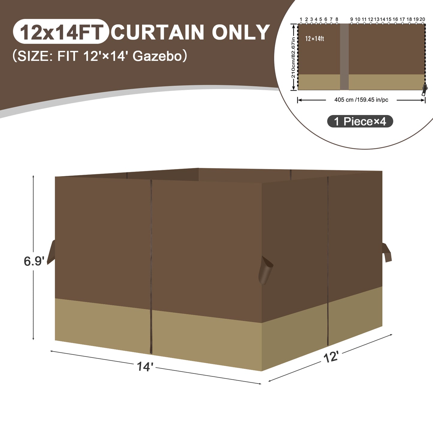Outdoor Gazebo Curtains, 4 Panels Privacy Sidewall Replacement (Curtain Only) - Coffee and Khaki
