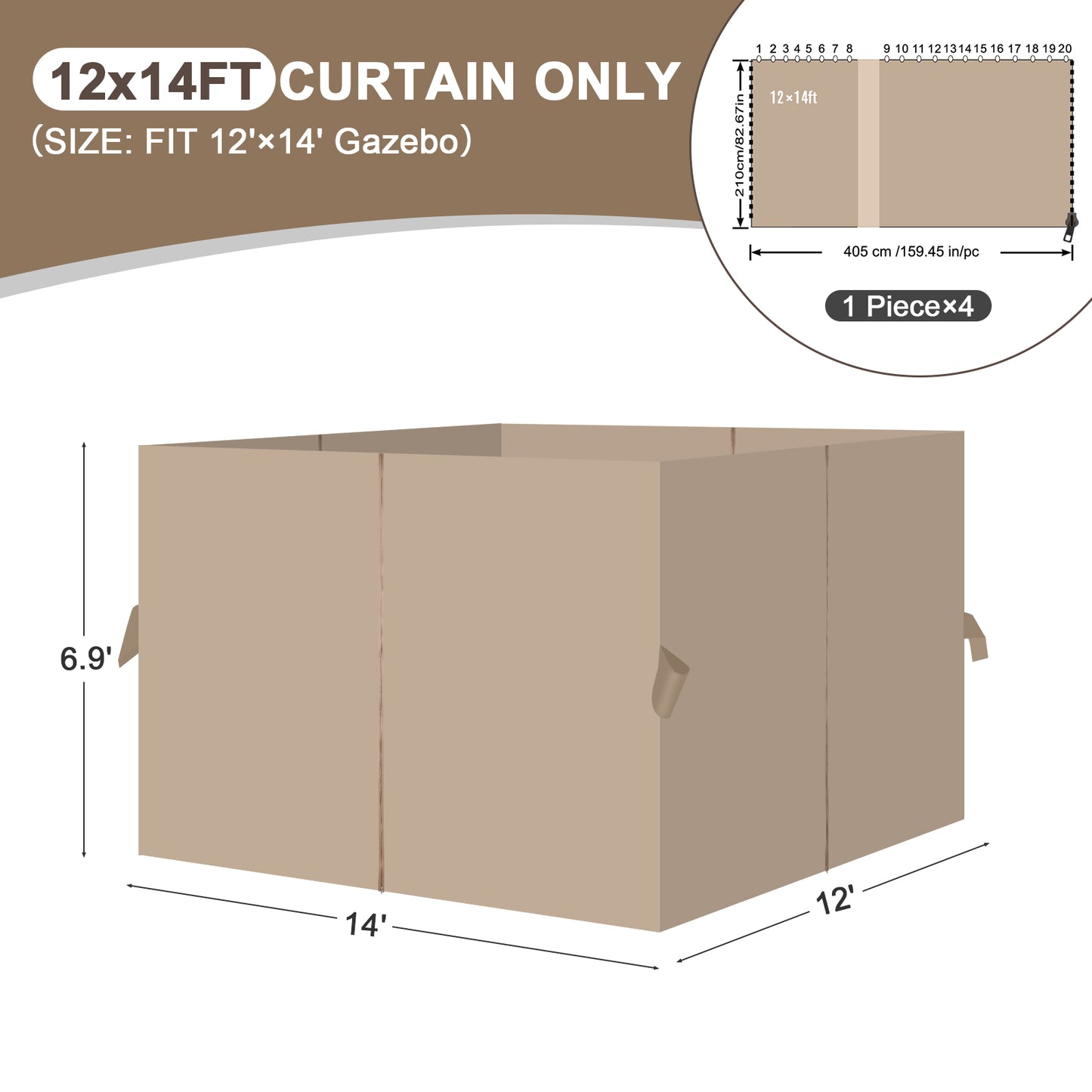 Outdoor Gazebo Curtains, 4 Panels Privacy Sidewall Replacement (Curtain Only) - Sand Yellow