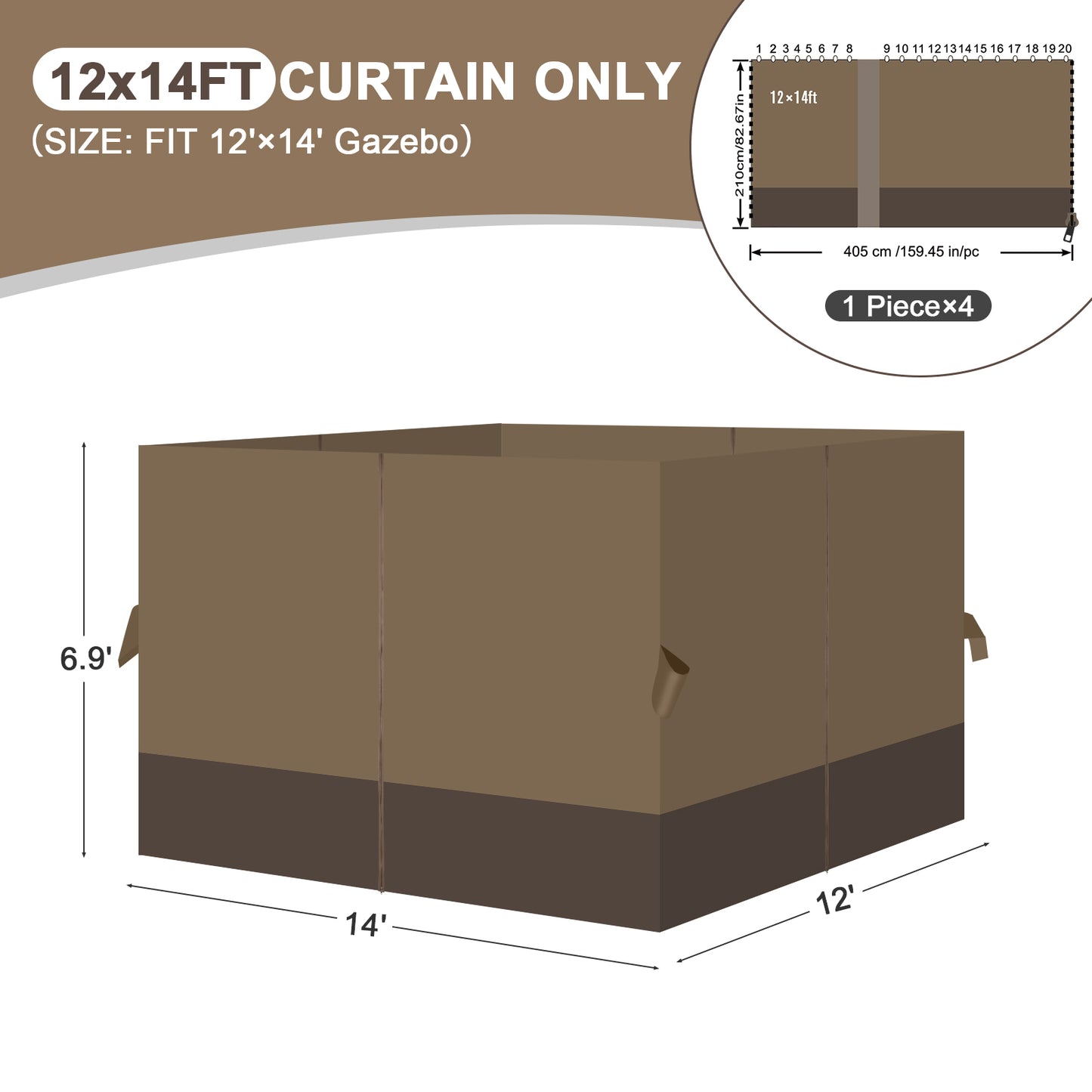 Outdoor Gazebo Curtains, 4 Panels Privacy Sidewall Replacement (Curtain Only) - Light Coffee and Coffee