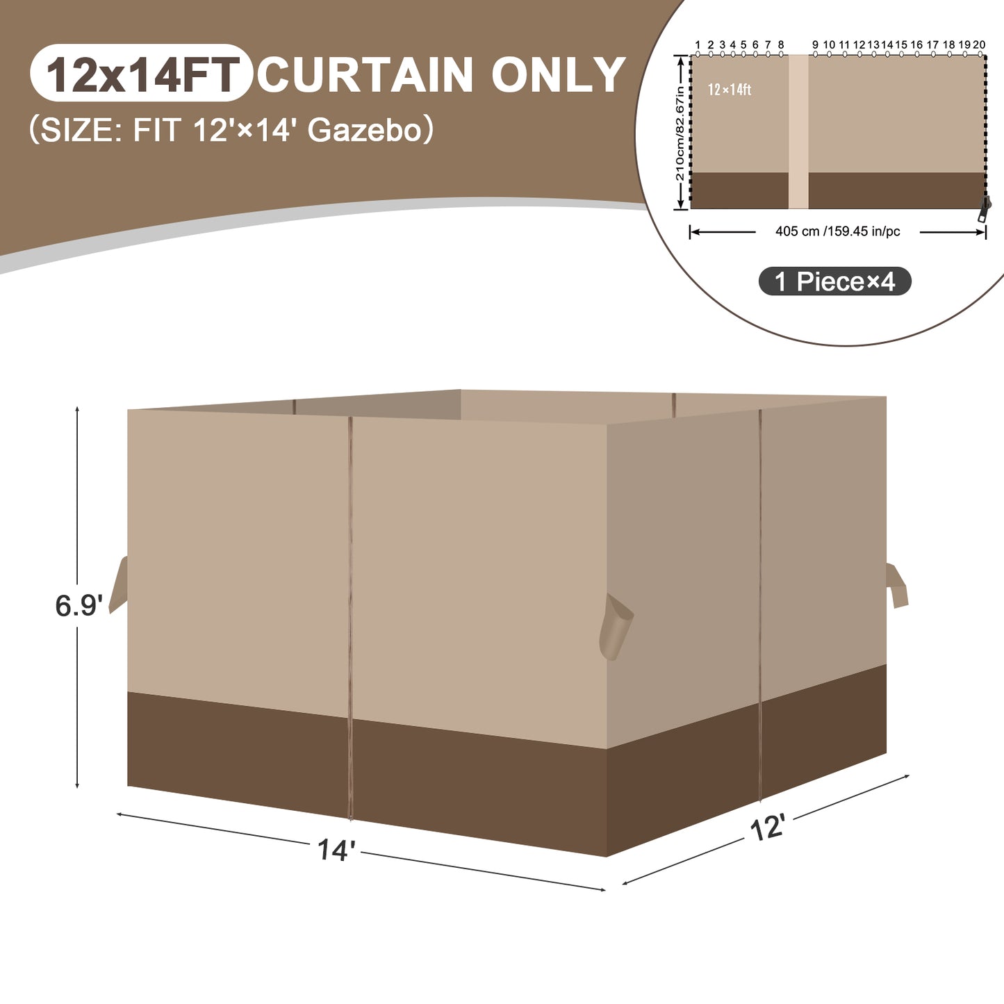 Outdoor Gazebo Curtains, 4 Panels Privacy Sidewall Replacement (Curtain Only) - Sand Yellow and Brown