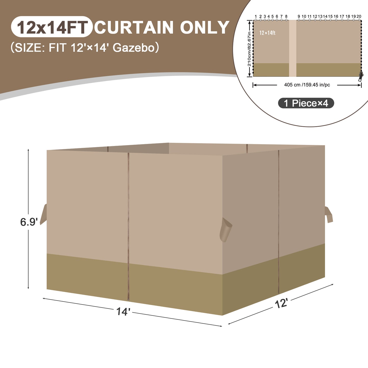 Outdoor Gazebo Curtains, 4 Panels Privacy Sidewall Replacement (Curtain Only) - Sand Yellow and Khaki