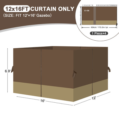 Outdoor Gazebo Curtains, 4 Panels Privacy Sidewall Replacement (Curtain Only) - Coffee and Khaki