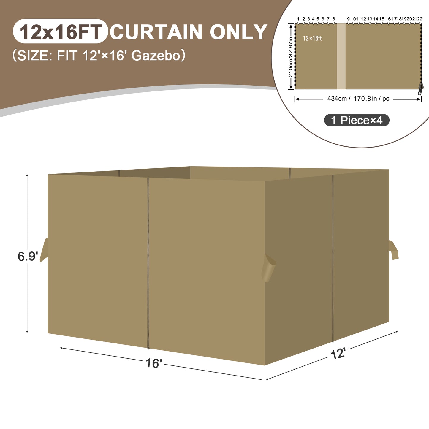 Outdoor Gazebo Curtains, 4 Panels Privacy Sidewall Replacement (Curtain Only) - Khaki