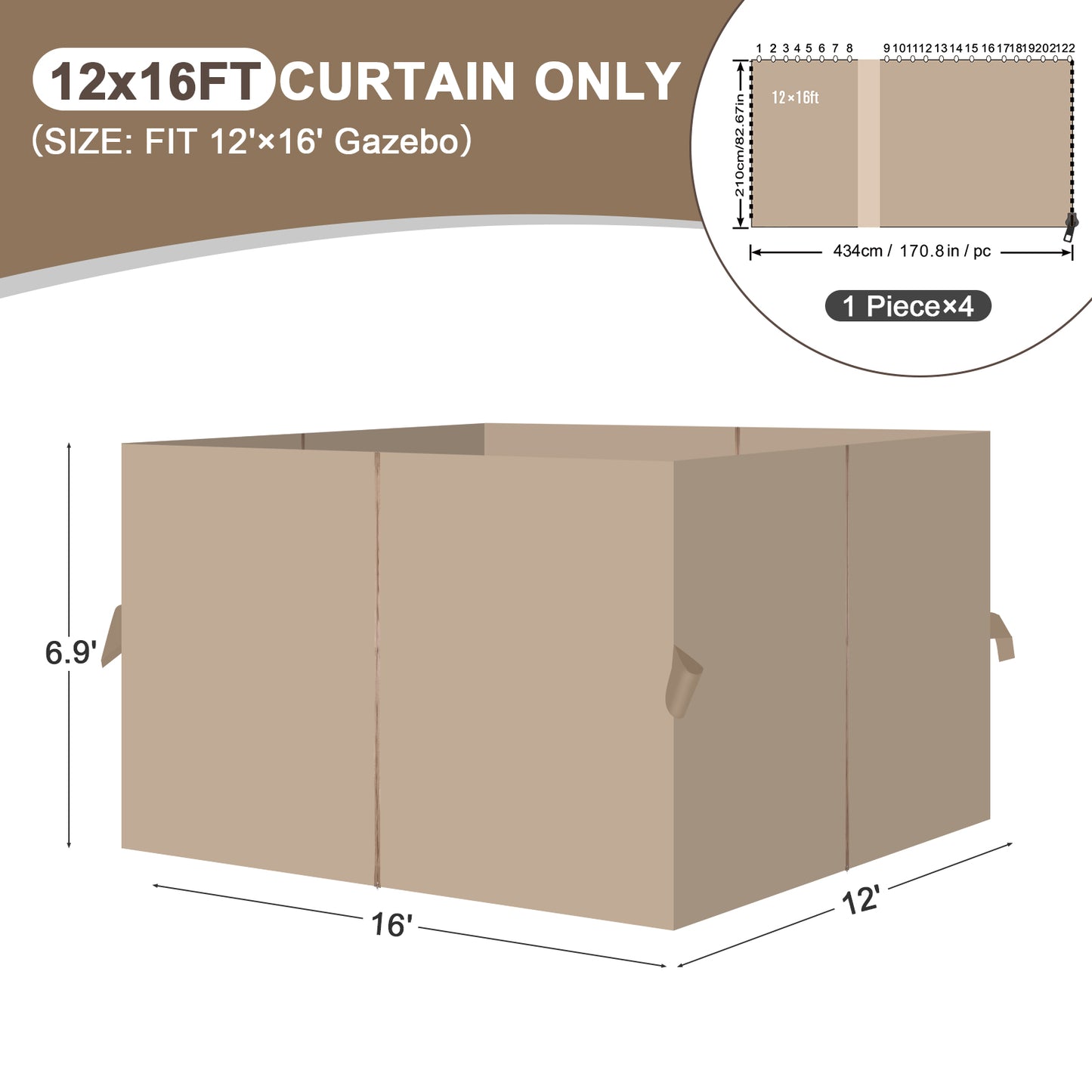 Outdoor Gazebo Curtains, 4 Panels Privacy Sidewall Replacement (Curtain Only) - Sand Yellow