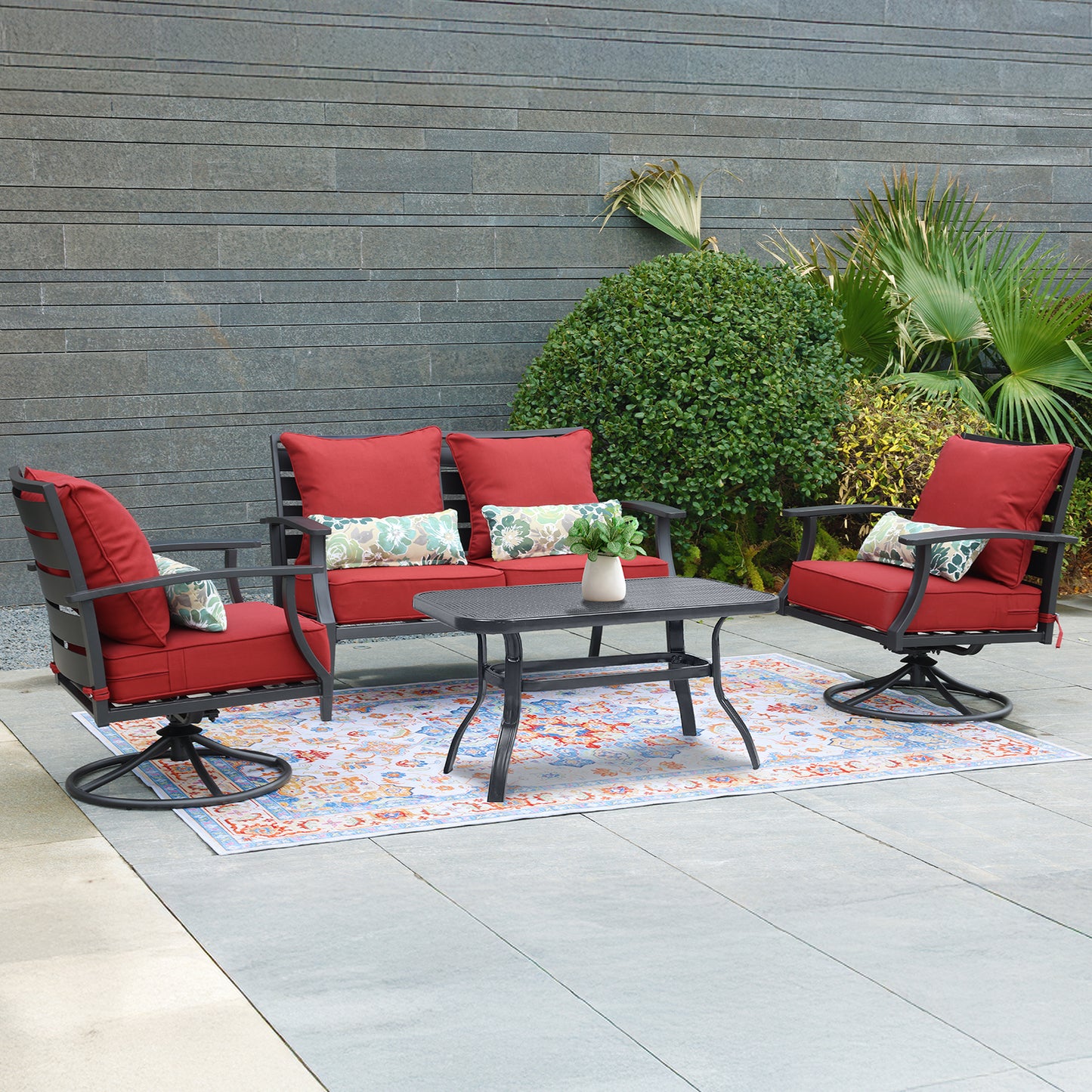 Patio Deep Chair Cushion, 2 Back 2 Seater 2 Pillow, Red