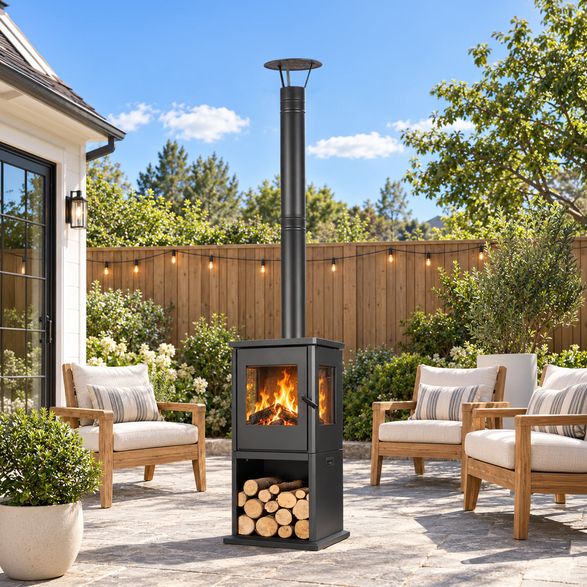 Black outdoor wood-burning fireplace with a tall chimney and log storage between cushioned chairs on a sunny patio.