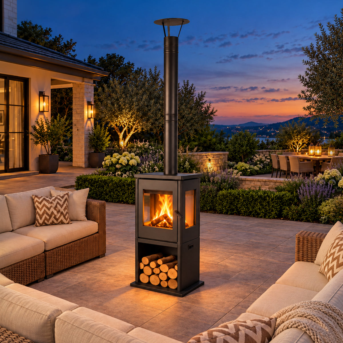 Lit outdoor wood-burning fireplace with a tall chimney beside wicker sofas on a garden patio at sunset.