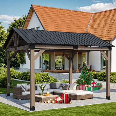 10'x12' Outdoor Patio Wooden Frame Gazebo with Galvanized Metal Hardtop Roof and Outlets