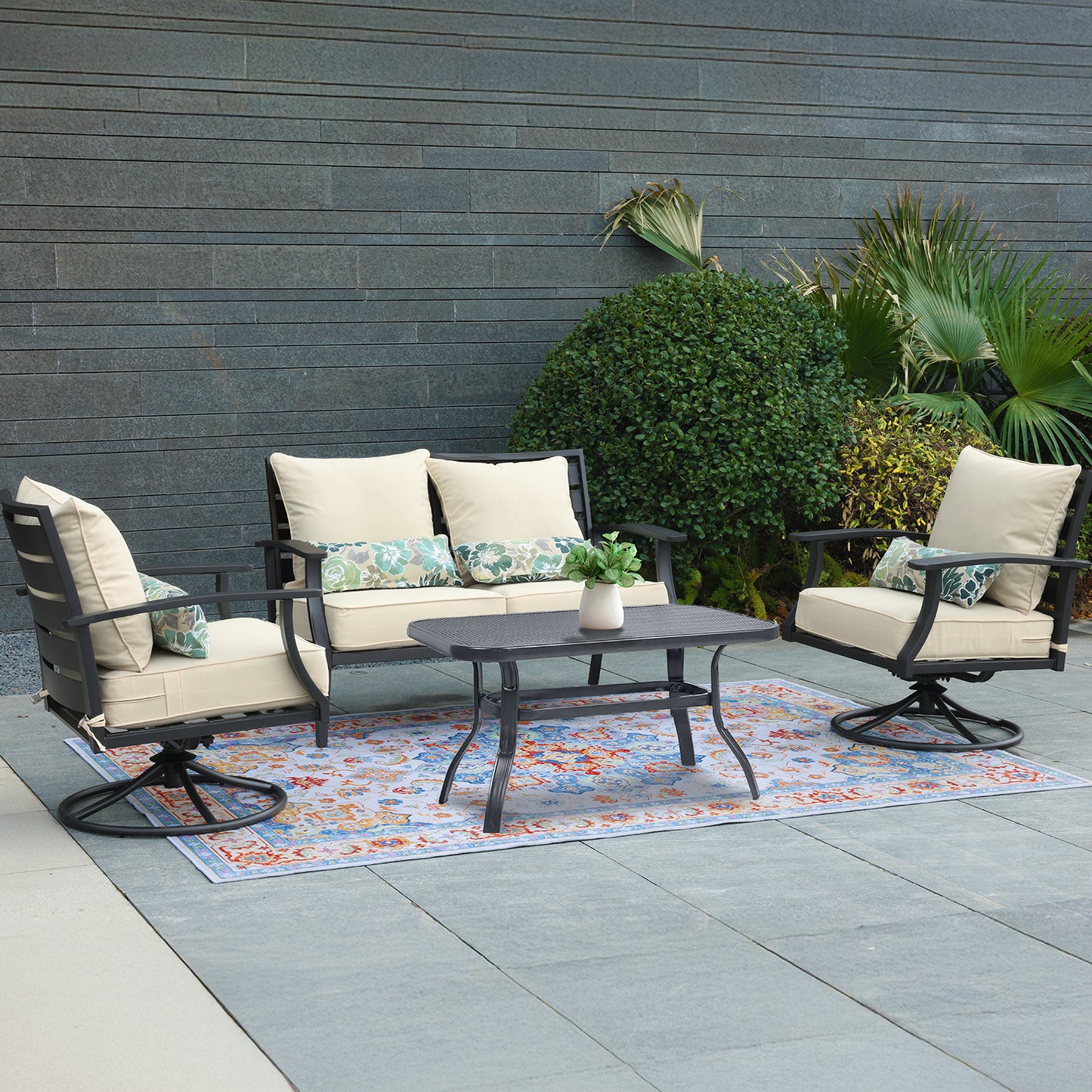 Patio Deep Chair Cushion, 2 Back 2 Seater 2 Pillow, Cream Yellow