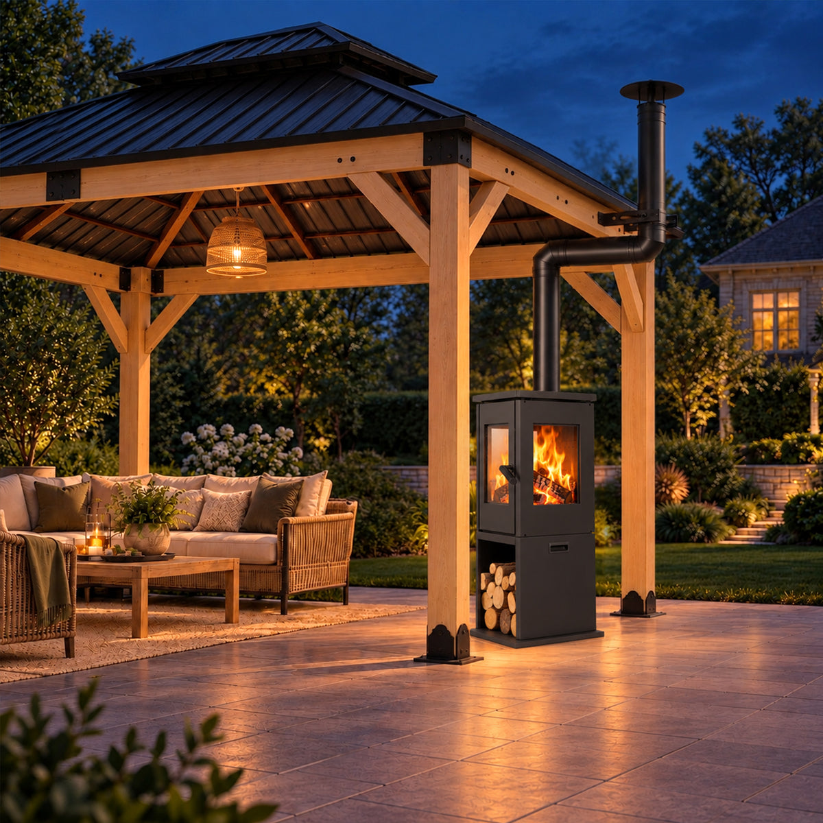 Outdoor wood-burning fireplace beside gazebo seating at dusk, with an offset chimney routed around the roof edge.