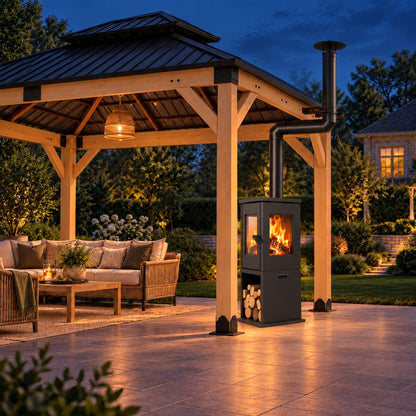 Outdoor wood-burning fireplace beside gazebo seating at dusk, with an offset chimney routed around the roof edge.