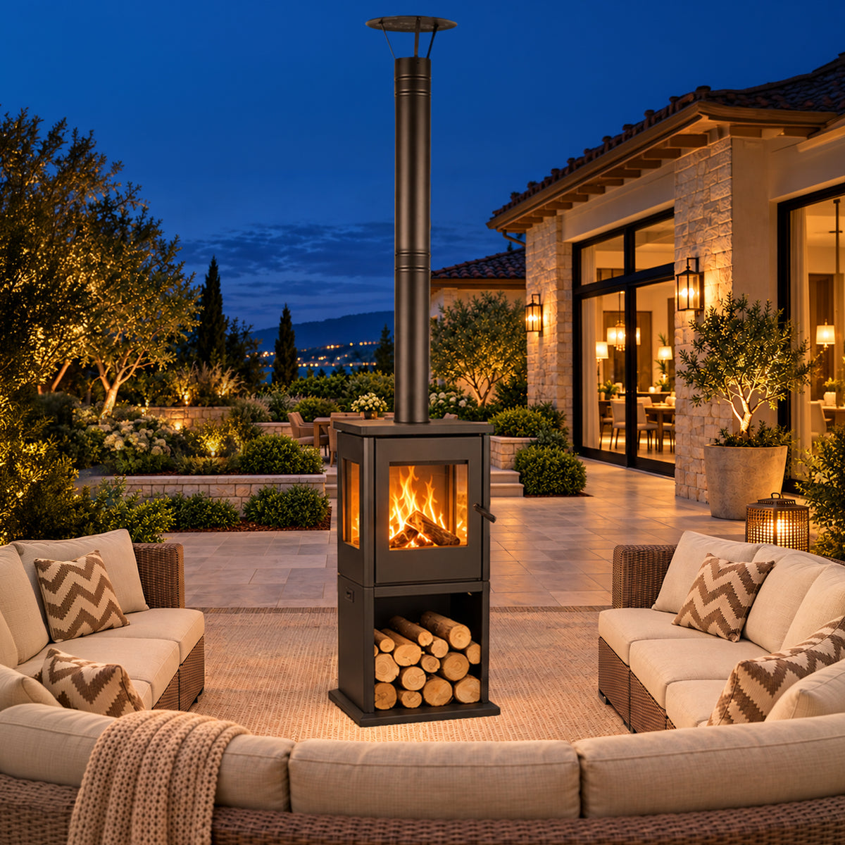 Black wood-burning fireplace with visible flames and stacked logs, surrounded by wicker patio sofas at night.