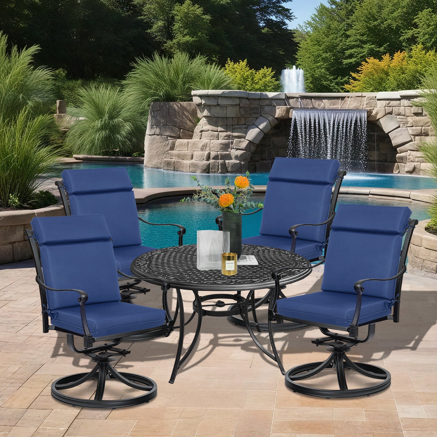 Outdoor Polyester High Back Dining Chair Cushion Set - Navy Blue Aoodor 